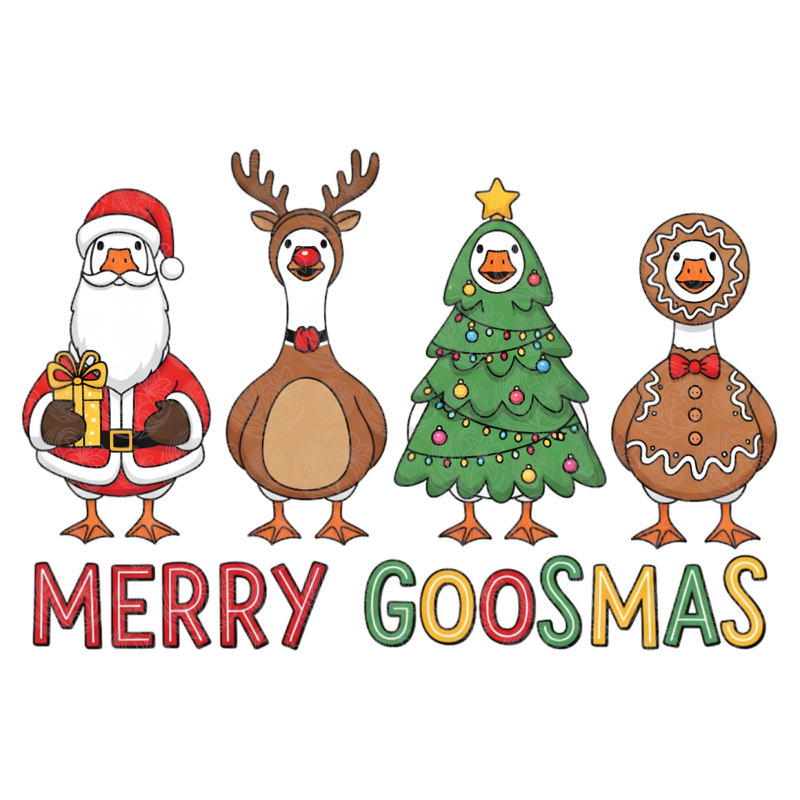 Merry goosmas four geese dressed as Santa reindeer Christmas tree and gingerbread man Grey Barn Handwerk Saskatchewan
